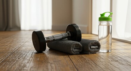 Obraz premium Home Fitness Essentials - Dumbbell, towels, and water bottle on wood floor. Ready for a workout