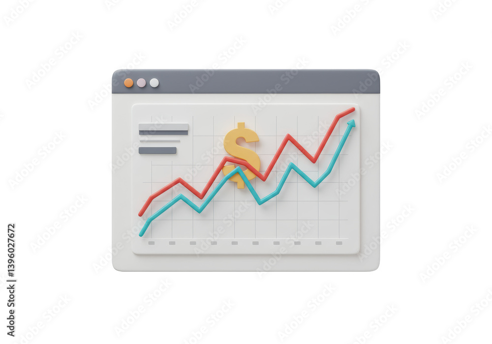 Poster isolated 3d browser window depicting financial growth with dollar sign and rising graphs