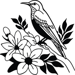 Obraz premium Vector illustration of a bird on a branch with flowers and leaves, featuring a floral pattern design for a beautiful spring garden scene