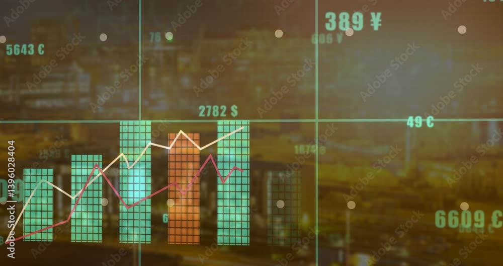 Poster displaying financial data with bar and line graphs over cityscape animation