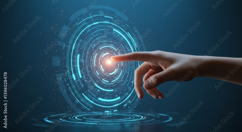 Aufkleber innovation touchscreen interface - hand reaching out to touch a glowing circular interface, symboliz