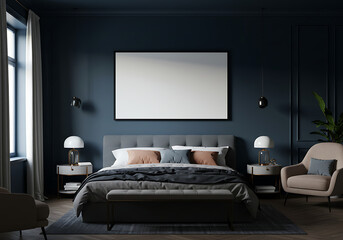 Modern bedroom interior design with bed and blank frame mockup template