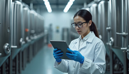 Young Asian scientist uses digital tablet in modern food processing facility. Woman in white coat, gloves analyses data. Metallic tanks on background. Tech industry, research and quality control.