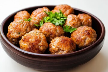 A rustic bowl filled with savory meatballs garnished with fresh parsley to be served and enjoyed now