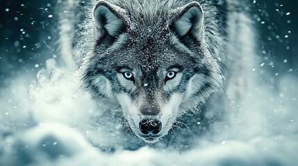   Wolf with blue eyes in snowy landscape, facing camera with snowflakes on its face