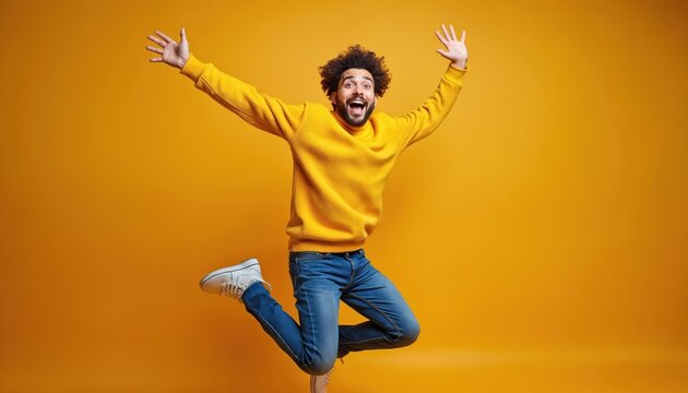 Joyful young man jumps in air, bright yellow sweater, blue jeans on orange background. Expressive face, wide open mouth, curly hair. Man celebrates joy, fun, success, happiness. Studio shot, vibrant
