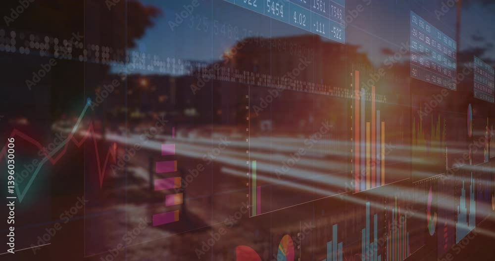 Aufkleber overlaying cityscape at dusk, colorful bar and line graphs showing data animation