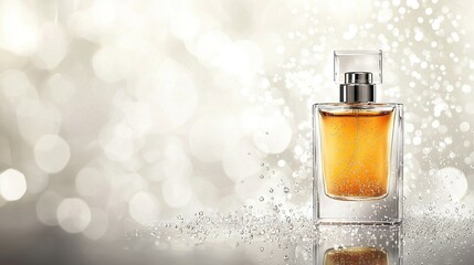   A bottle of perfume sits atop a table, beside a glass container containing liquid