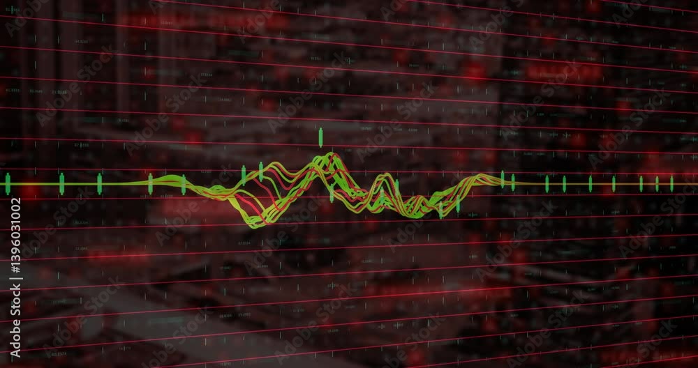 Poster colorful waveform animation over red and black digital grid background
