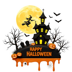 Happy Halloween Haunted House Scene with Witch and Pumpkins on Transparent Background


