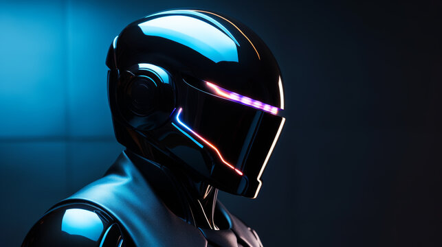 Futuristic Cyborg Soldier in Dark Sci-Fi Environment &ndash; High-Tech Robotic Warrior with LED Visor Helmet