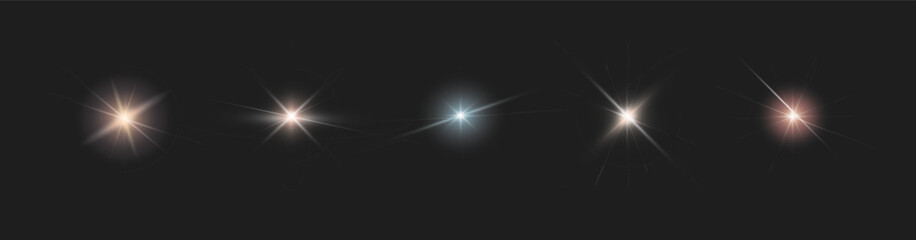 A set of glare. Flashes of light rays. Glow, radiance, glitter effect. A collection of different glowing sparks, stars. Vector illustration on a transparent background.	