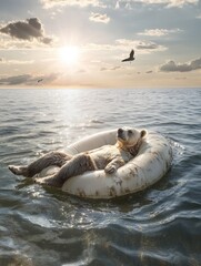 Obraz premium Generic animal floating on an inflatable ring at sea under the sun, enjoying tranquility and relaxation with a bird flying in the background.