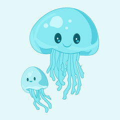 Cartoon jellyfish blue happy mascot isolated