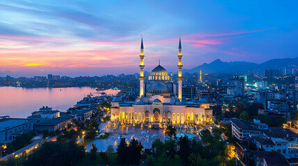 Naklejka premium Aerial View Of Illuminated Mosque At Sunset Over City