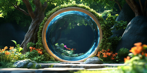 Magical Forest Portal Surrounded by Flowers – Fantasy Gateway to Another World in Enchanted Nature Setting