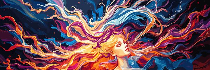 Woman with flowing hair expressing freedom against a colorful backdrop  