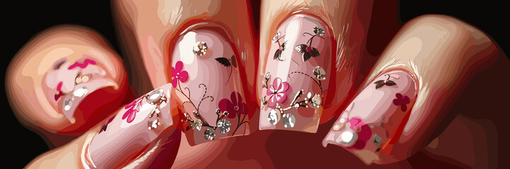 Elegant nail art with floral designs on manicured hands  