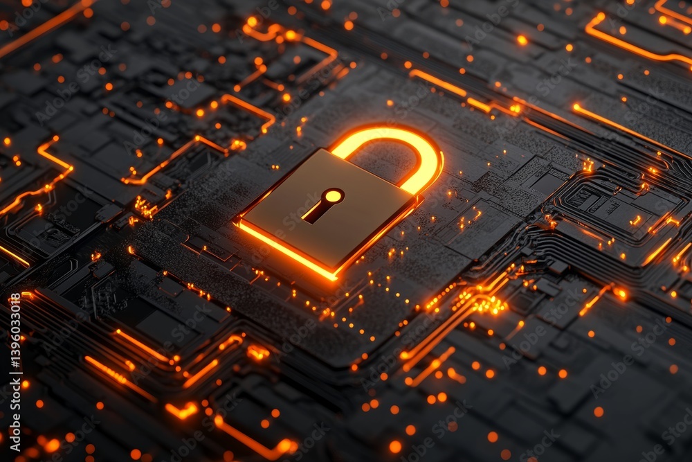 Poster illuminated lock icon over digital background representing cybersecurity and data protection