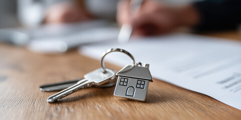 House keys with a keychain are on a table with blurred documents and a model house, representing a home purchase.