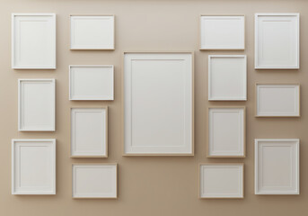 Gallery wall mockup with multiple white frames on beige wall decor idea