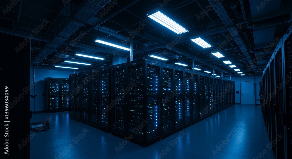 Aufkleber modern data center server room - rows of servers in a modern data center, illuminated by blue lights