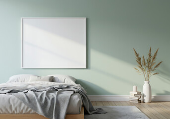 Bedroom interior design with blank frame mockup for art and decoration