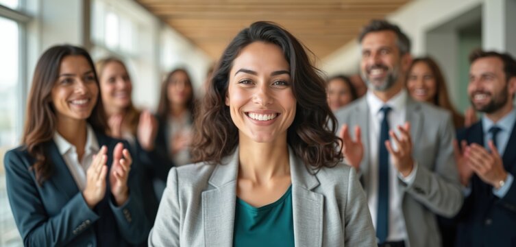 Business woman celebrates success with colleagues, applauding in office. Happy smiling team, diverse group, business environment. Pro female, job promotion, achievement, corporate success.