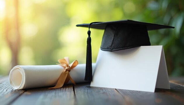 Rolled diploma tied with gold ribbon next to black graduation cap, blank card. Academic achievement concept. Celebrating education completion, higher learning goals attained. Wooden table with