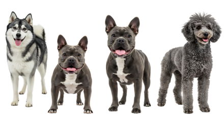 Group of Different Dogs Standing Together on White Background