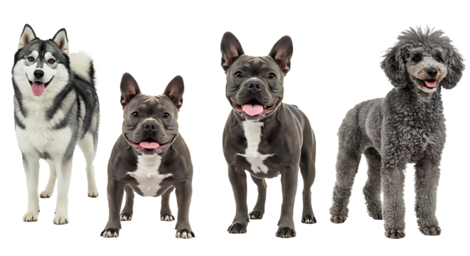 Group of Different Dogs Standing Together on White Background