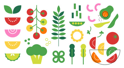 Abstract simple color vegetables. Salad bar. Different fresh veggies icon set. Pepper, broccoli, peas, tomato, avocado, onion. Healthy food organic ingredients. Vector abstract veg bowl illustration