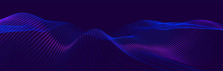 Futuristic dot wave. Abstract digital particle wave. Technology background. Colored musical wave. Dark background. Digital background with smooth, wavy curves. 3D illustration