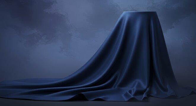 Mysterious Unveiling: Blue Draped Pedestal - A dark blue cloth elegantly drapes over a pedestal, creating an air of mystery and anticipation. Perfect for product reveals or dramatic presentations
