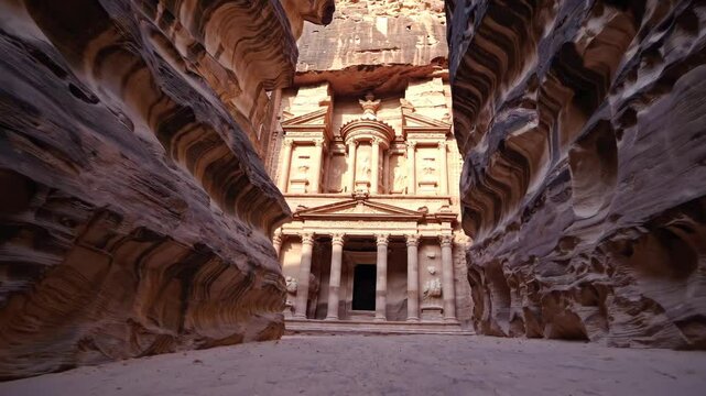 Journey through ancient canyon revealing iconic architectural marvel at petra
