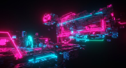 Obraz premium Neon Glow Landscape: Geometric Forms - Futuristic, vibrant, glowing neon, geometric shapes, art. Symbolizes technology, innovation, energy, progress, and the future