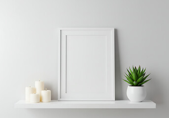 White frame mockup on shelf with plant and candles minimalist design