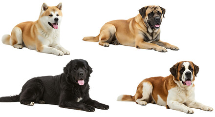 Various Dog Breeds Lying Down Together on White Background