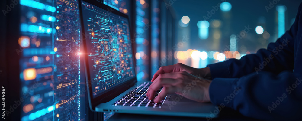 Poster specialist works on laptop in data center. engineer uses computer to manage database server. digital