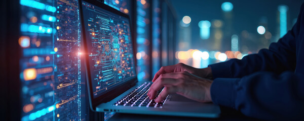 specialist works on laptop in data center. Engineer uses computer to manage database server. Digital tech support, telecommunication system maintenance concept. Modern infrastructure, cybersecurity.