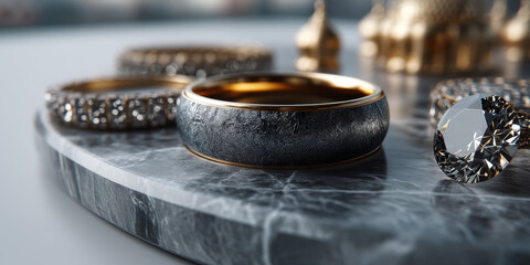 Elegant Collection of Rings on Marble Tray – Luxury Jewelry Display Featuring Gold, Silver, and Diamond Designs