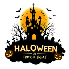 Spooky Castle with Bats and Pumpkins Halloween Greeting On Transparent Background



