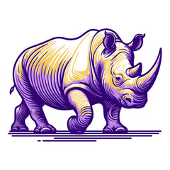 Fototapeta premium Rhino cartoon vector illustration standing on white background with tusks and large size, depicting wildlife and nature in a safari setting
