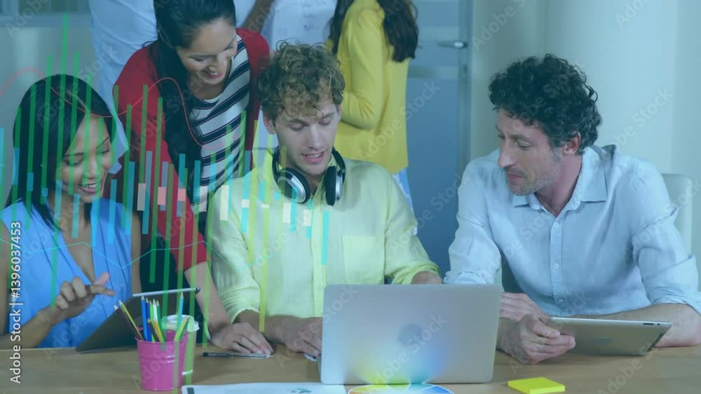 Poster collaborating in office, diverse team using laptops with animation data overlay