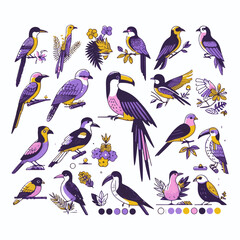 Silhouette set of birds on a branch in nature with flying sparrows and parrots, vector illustration of wildlife, animals, and wings in a cartoon style