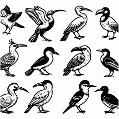 Collection of various birds in silhouette style, featuring ducks, sparrows, owls, and hummingbirds, flying with wings spread in a nature-inspired, cute, and wildlife-themed design