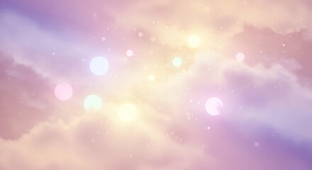 Naklejka premium Pastel Sky Dreamscape - Soft pastel clouds with glowing bokeh lights, perfect for dreamy backgrounds or websites. Tranquil and serene