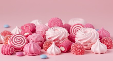 Pink Delight: A Sweet Collection of Confections - A delightful assortment of pink marshmallows, macarons, and gummy candies, perfect for a sweet treat or celebratory occasion