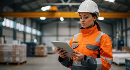Woman in safety gear using tablet in warehouse with pallets and overhead crane system visible