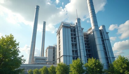 Obraz premium Modern power plant. Shiny metal constructions, green trees, cloudy sky. Eco power generation, industrial landscape. Sustainable energy, environmental tech, carbon footprint reduction.